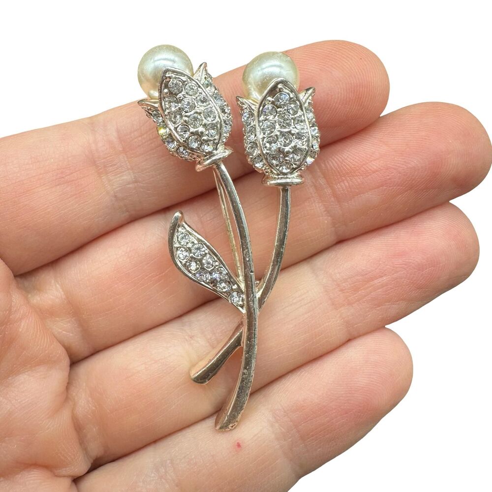 Vintage Silver Tone Rhinestone Flower Brooch, Faux Pearl Floral Pin